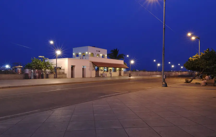 Beach promenade at Pondicherry lit up in the evening