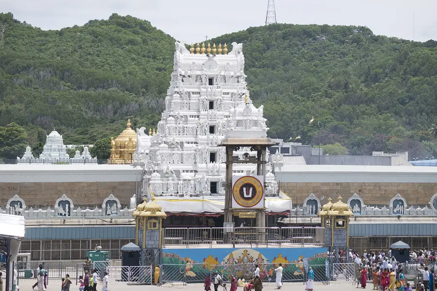 Tirumala Venkateswara temple gopuram against the Seshachalam hills, Tirupati